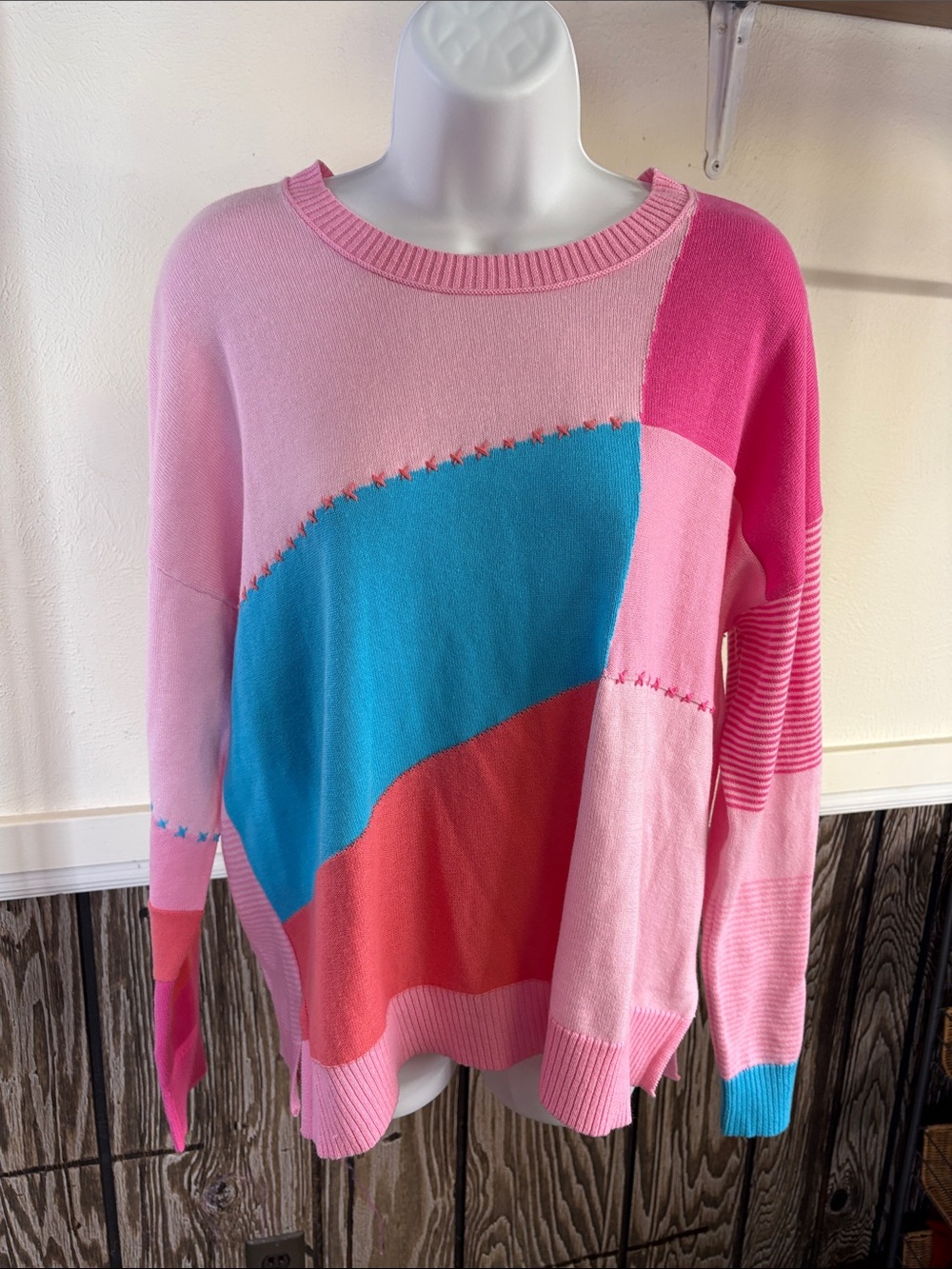 Women’s Colorblock Crewneck Sweater in Pink, Blue & Coral